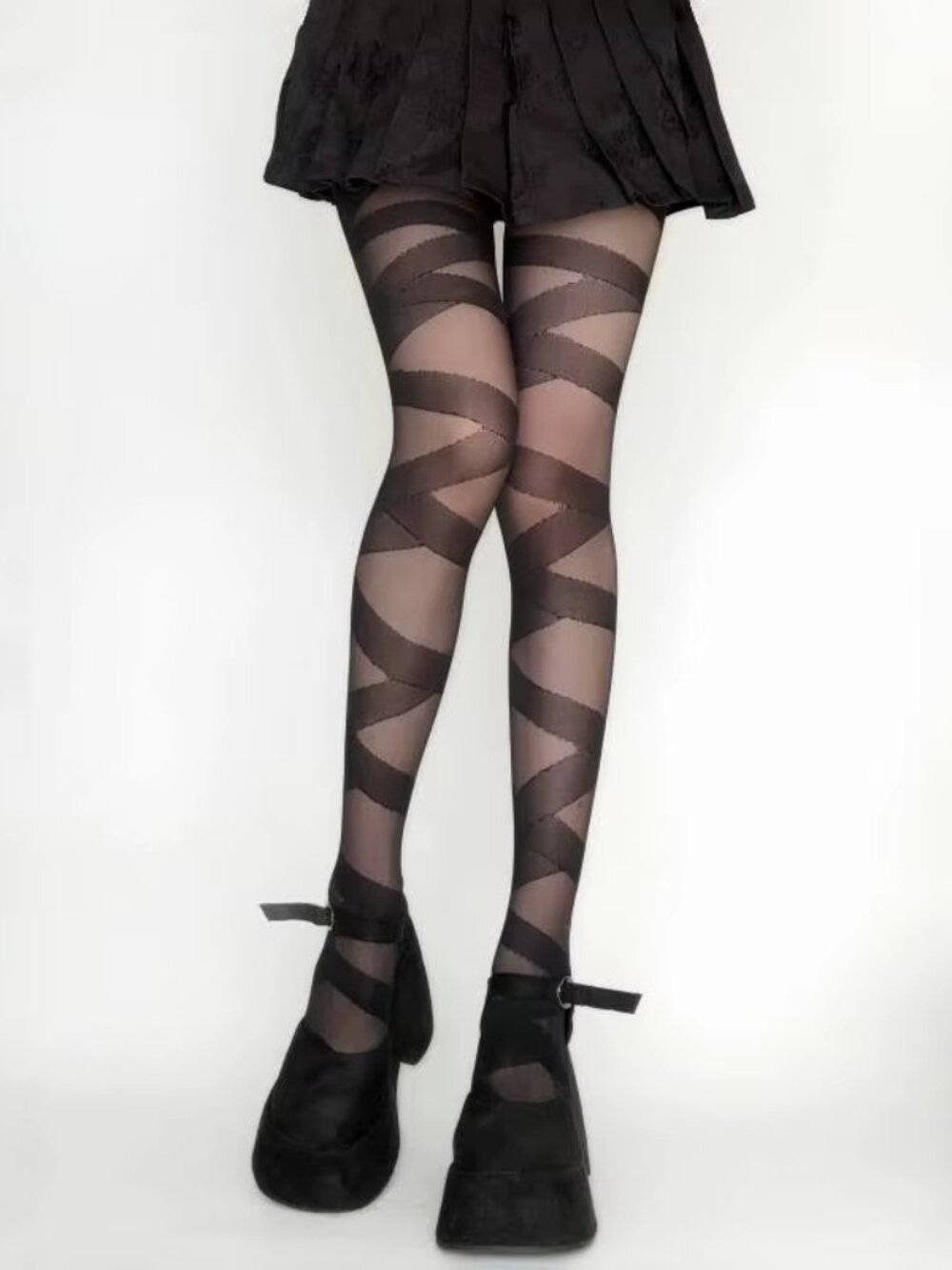 Women's Cross Bandage Straps Pattern Print Black Tights Pantyhose Stockings